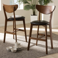 Baxton Studio Leena-Black/Walnut-Counter Stool Eline Mid-Century Modern Black Faux Leather Upholstered Walnut Finished Counter Stool (Set of 2)